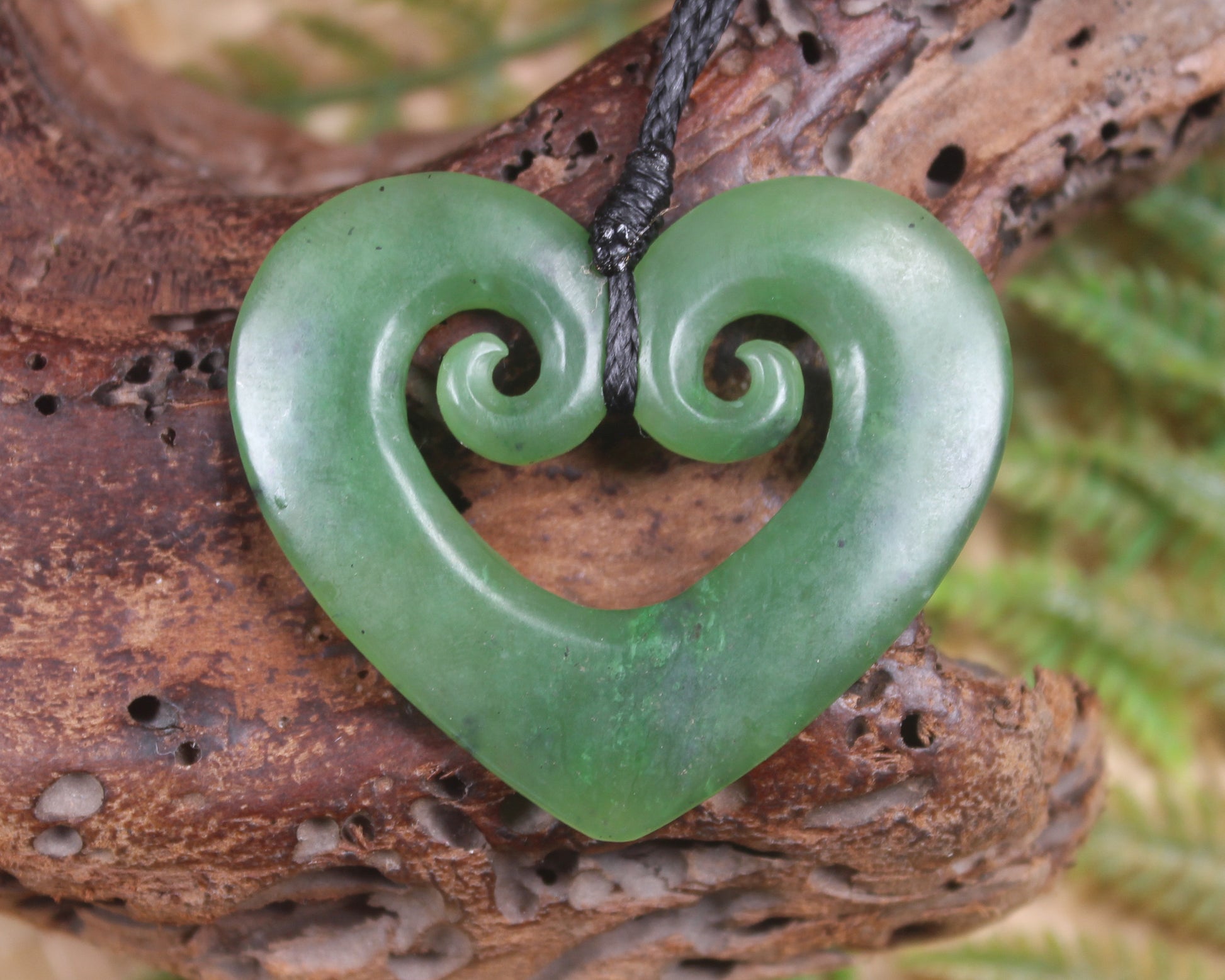 Heart with Koru carved from Hapopo Pounamu - NZ Greenstone