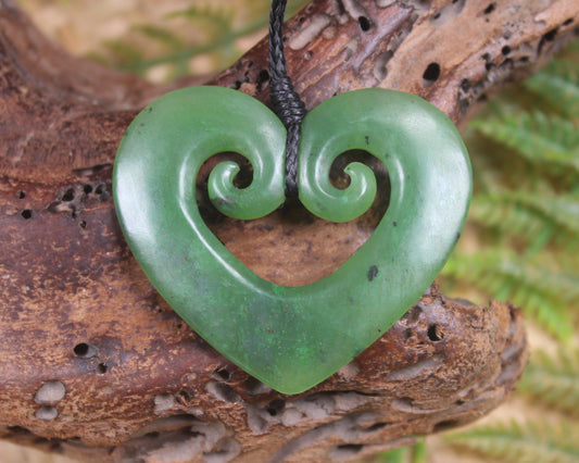 Heart with Koru carved from Hapopo Pounamu - NZ Greenstone