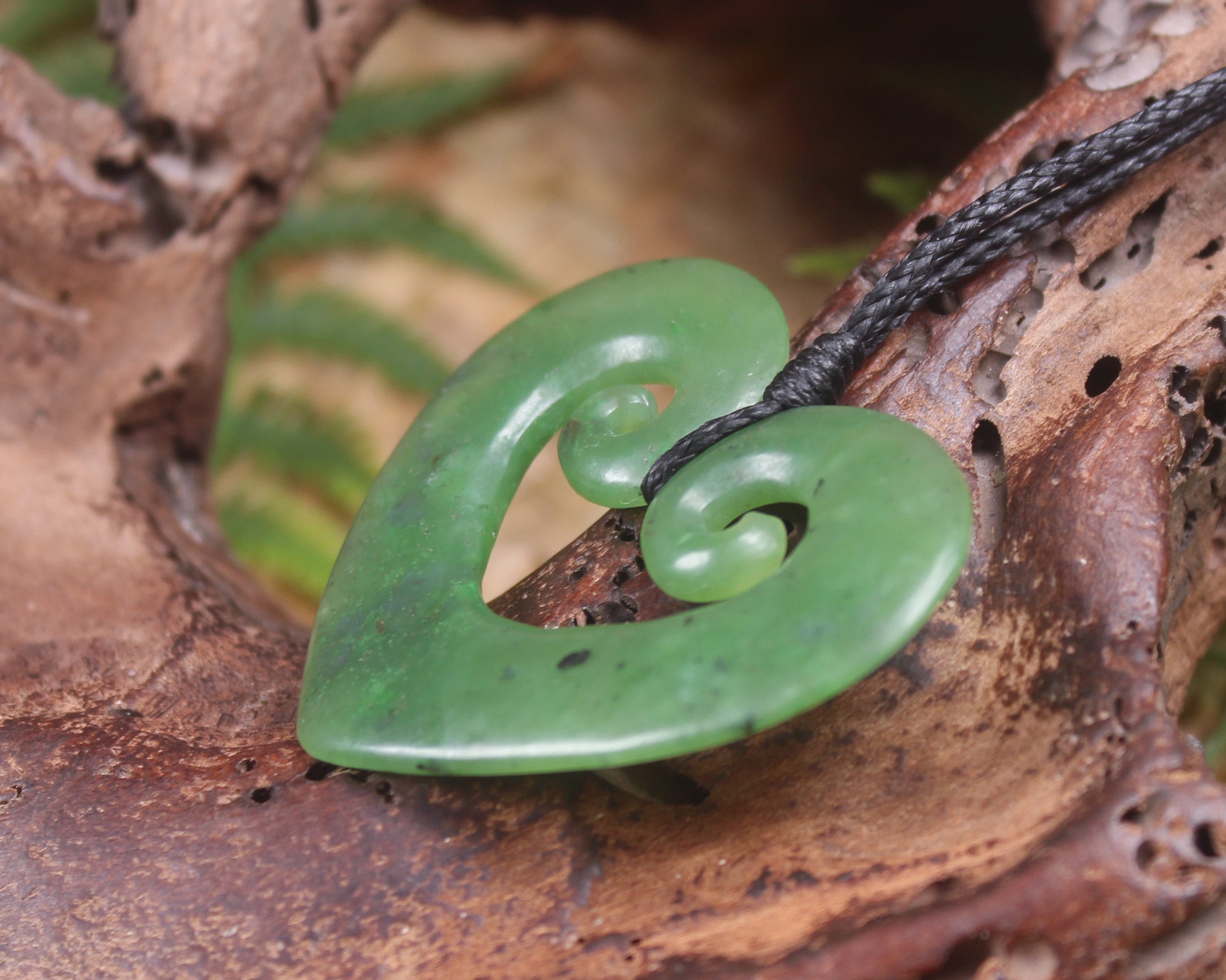Heart with Koru carved from Hapopo Pounamu - NZ Greenstone