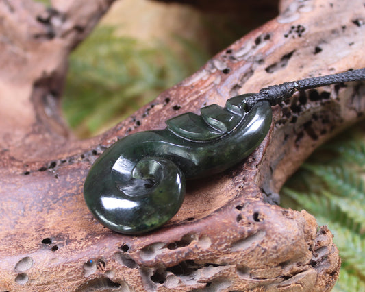 Koru carved from Rimu Pounamu - NZ Greenstone