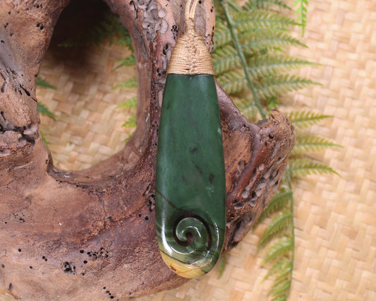 Roimata or Teardop with Koru carved from Kawakawa Pounamu - NZ Greenstone