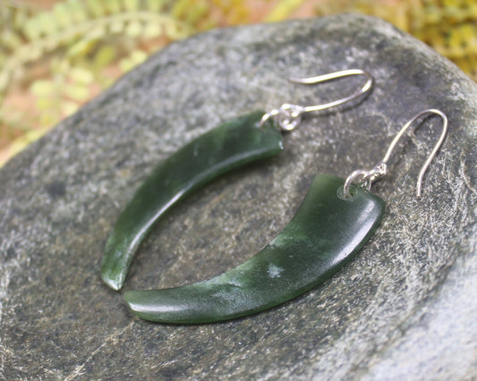 Huia Beak earrings carved from Kawakawa Pounamu - NZ Greenstone