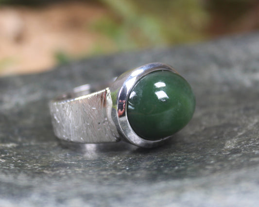 Sterling Silver Kawakawa Pounamu Ring - NZ Greenstone