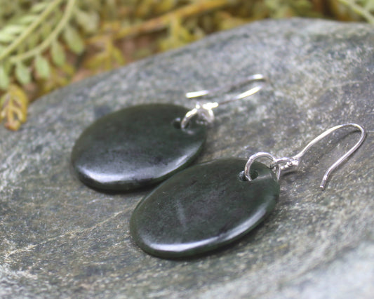 Porowhita Earrings carved from Kawakawa Pounamu - NZ Greenstone