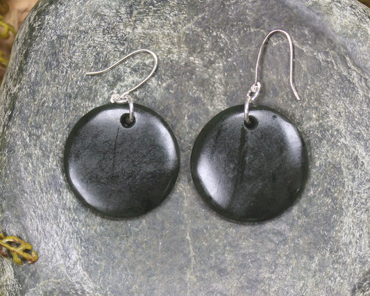 Porowhita Earrings carved from Kawakawa Pounamu - NZ Greenstone