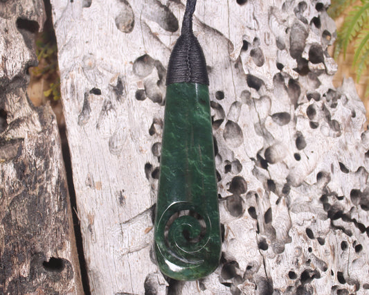 Roimata or Teardop with Koru carved from Kawakawa Pounamu - NZ Greenstone