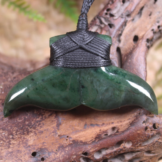 Whale Tail Pendant carved from Kawakawa Pounamu - NZ Greenstone