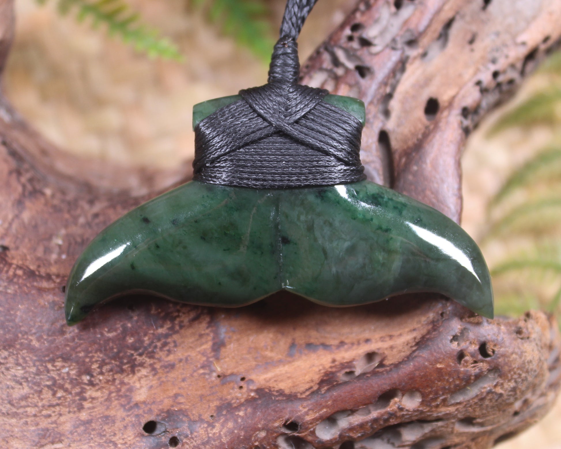 Whale Tail Pendant carved from Kawakawa Pounamu - NZ Greenstone