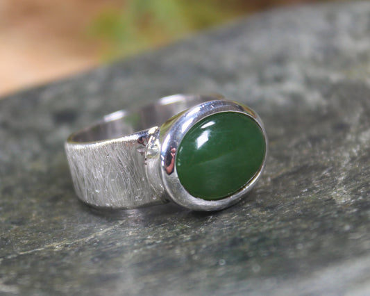 Sterling Silver Kawakawa Pounamu Ring - NZ Greenstone