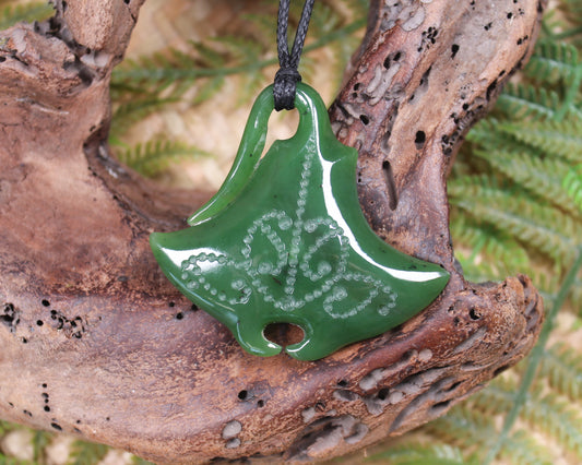 Stingray or Whai carved from Hapopo Pounamu - NZ Greenstone
