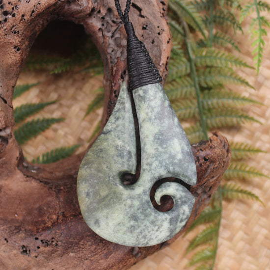 Hei Matau or Fish Hook carved from Rimu Pounamu - NZ Greenstone