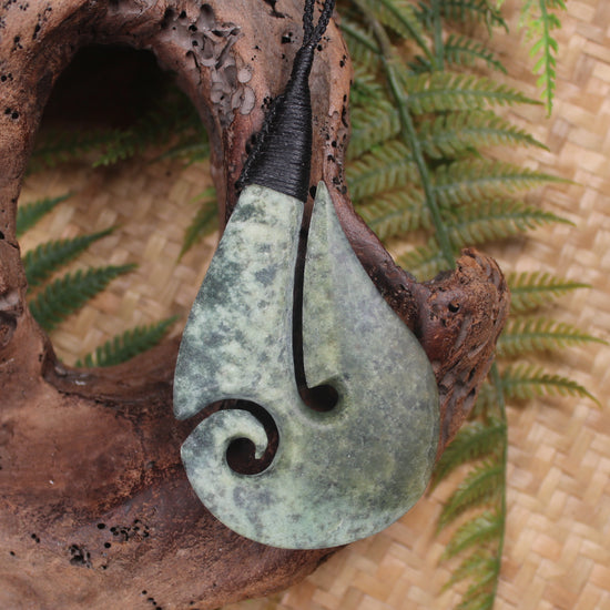 Hei Matau or Fish Hook carved from Rimu Pounamu - NZ Greenstone