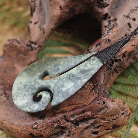 Hei Matau or Fish Hook carved from Rimu Pounamu - NZ Greenstone