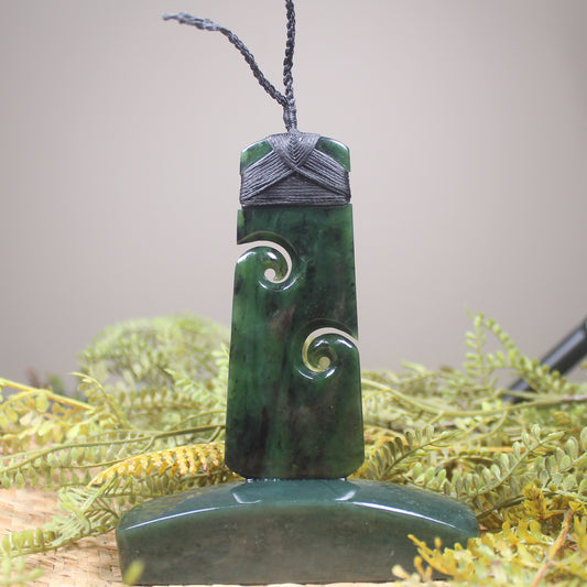 Toki with Koru sculpture carved from Rimu Pounamu - NZ Greenstone