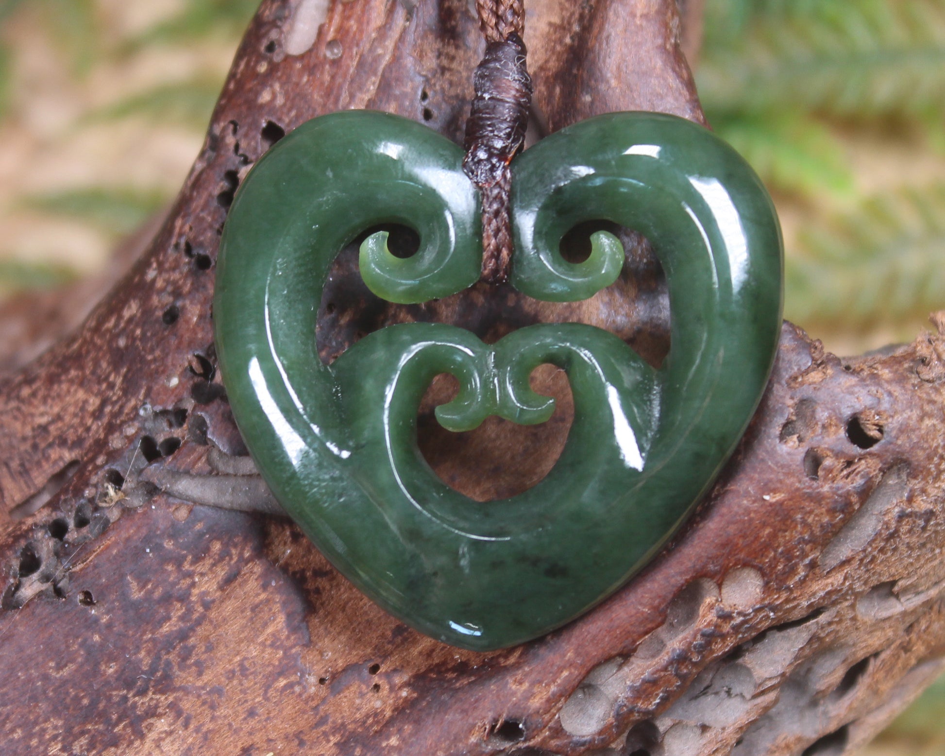 Heart with Koru carved from Kawakawa Pounamu - NZ Greenstone