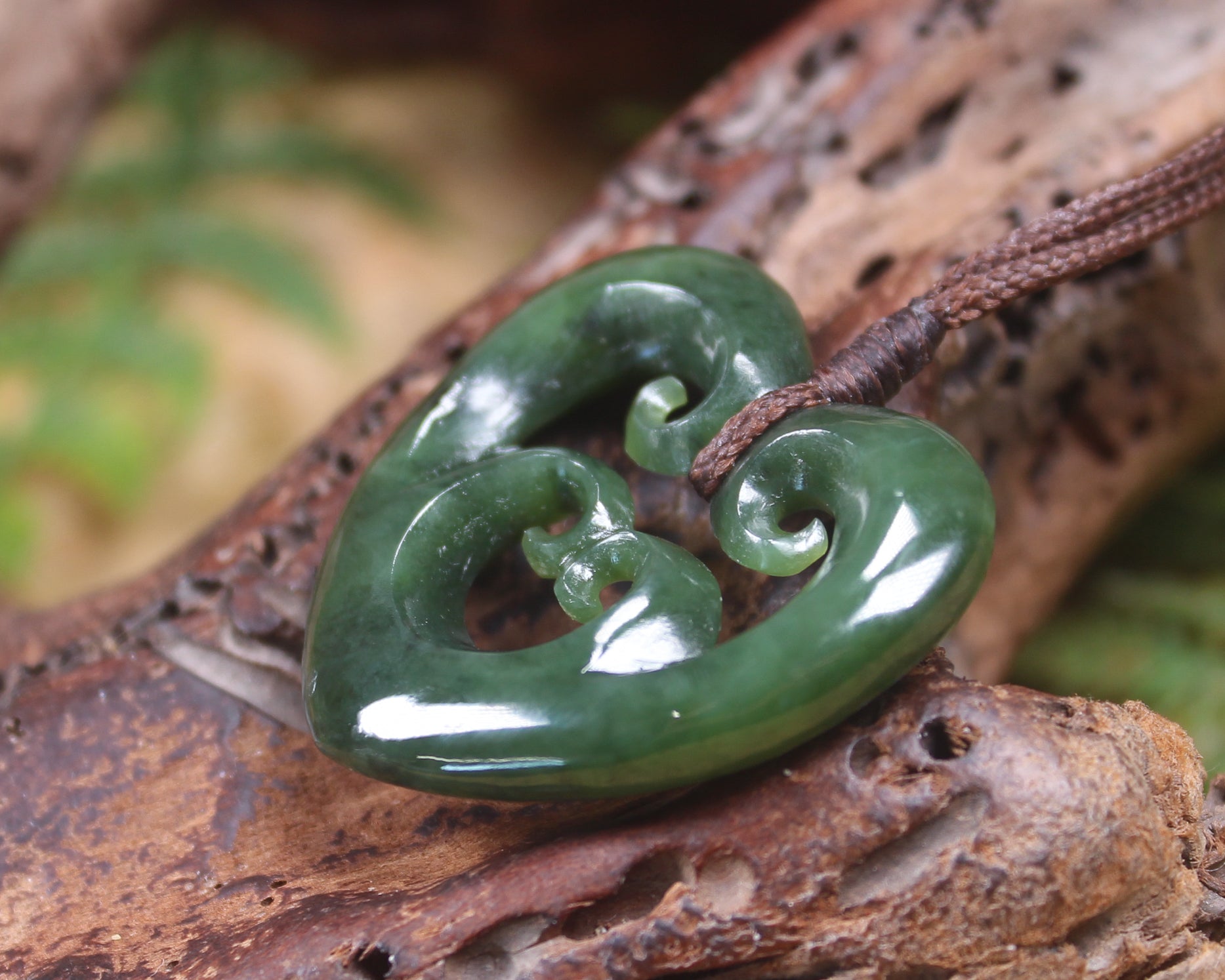Heart with Koru carved from Kawakawa Pounamu - NZ Greenstone
