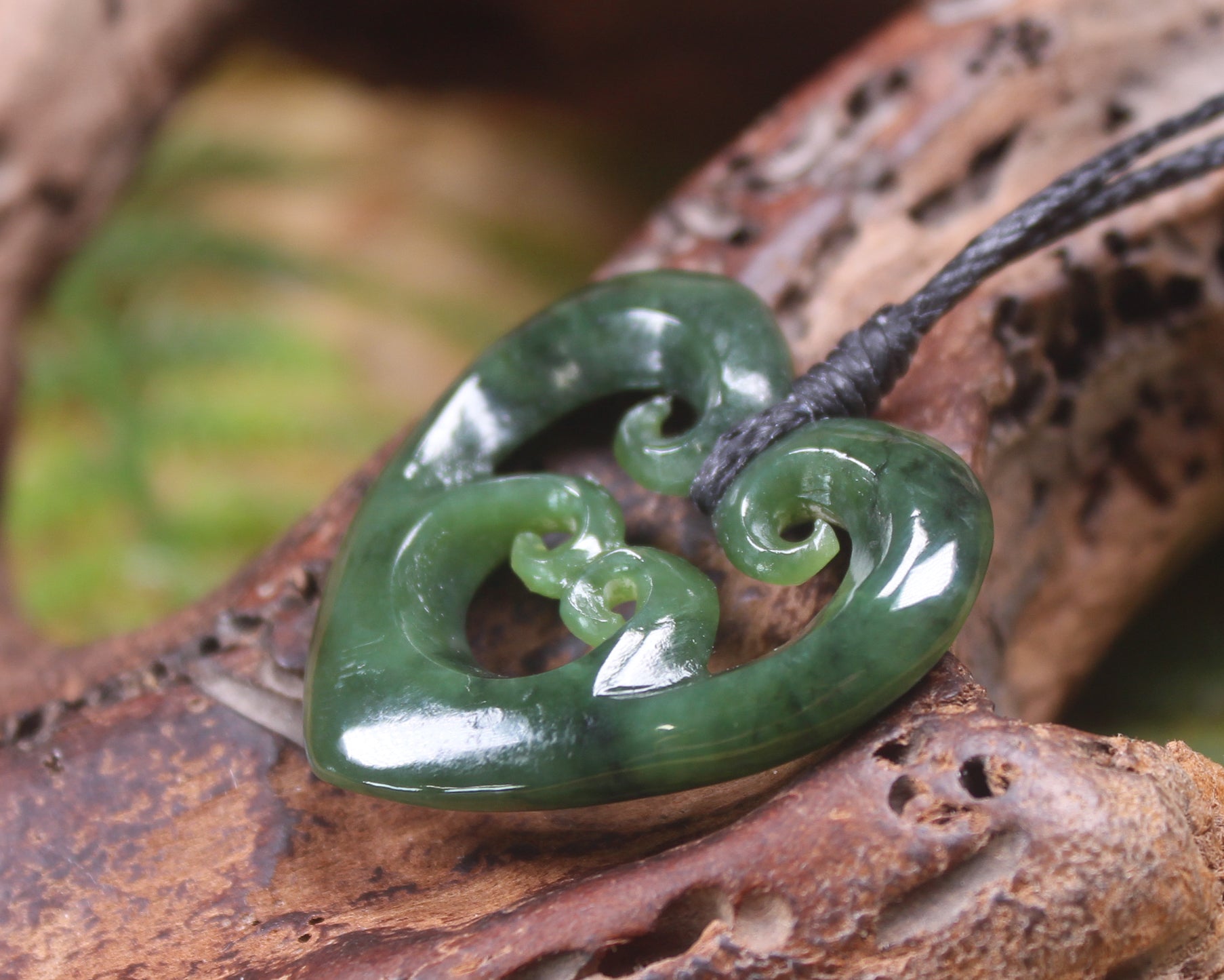 Heart with Koru carved from Kawakawa Pounamu - NZ Greenstone