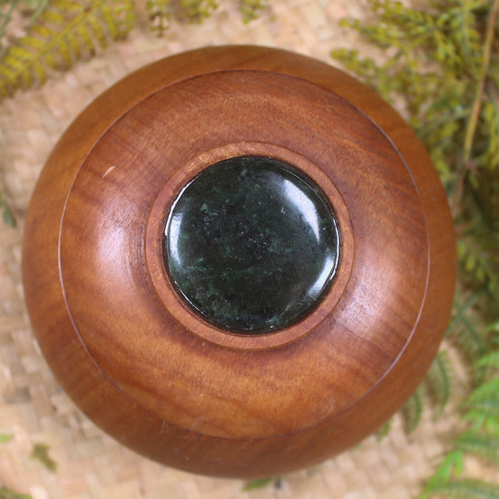 Wooden container with Kawakawa Pounamu set into lid - NZ Greenstone