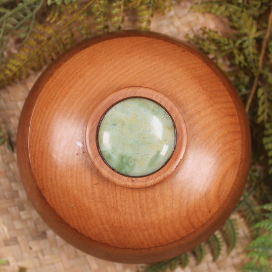 Wooden container with Flower Jade 
Pounamu set into lid - NZ Greenstone