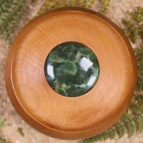Wooden container with Flower Jade 
Pounamu set into lid - NZ Greenstone