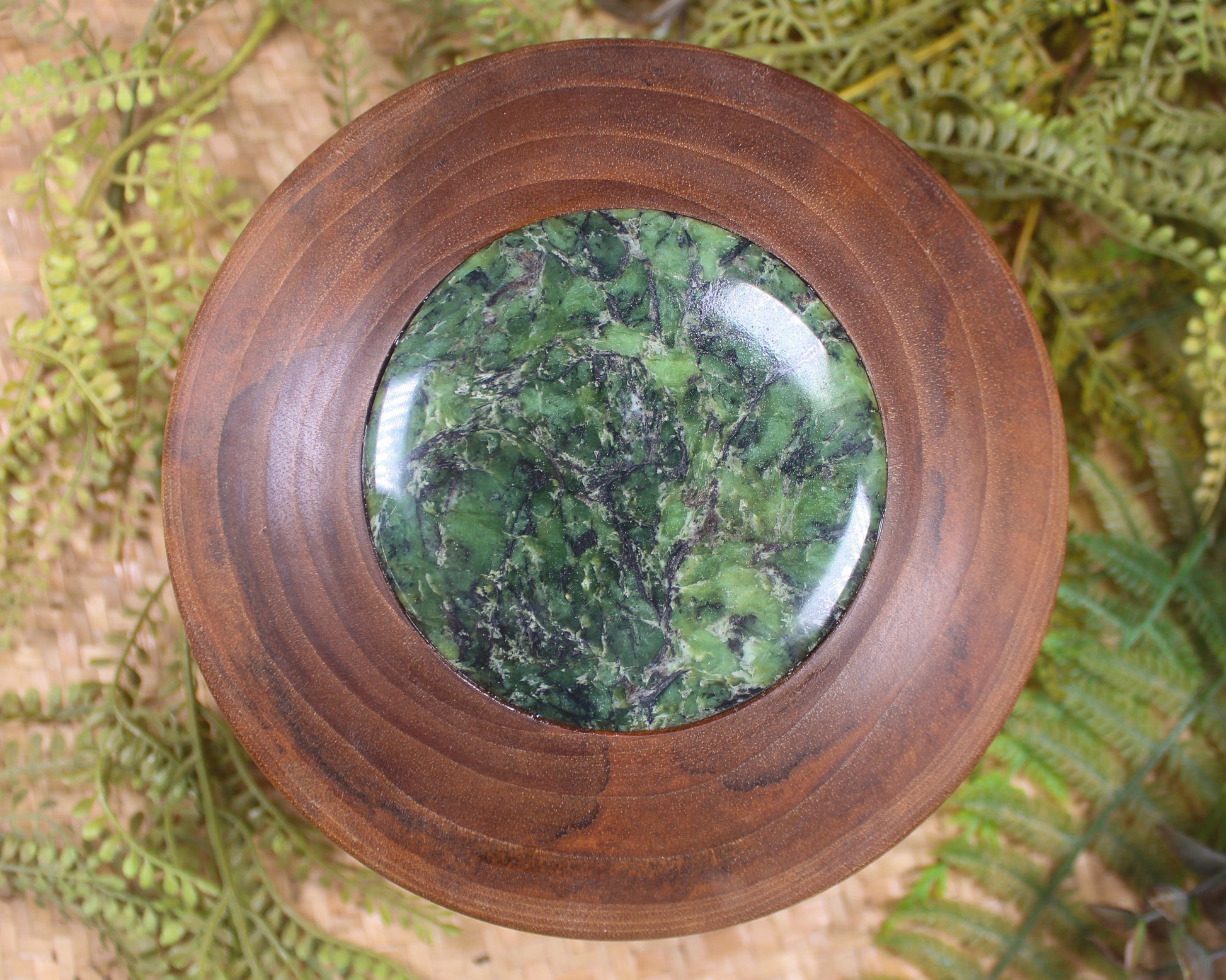 Wooden container with Douglas Creek Pounamu set into lid - NZ Greenstone
