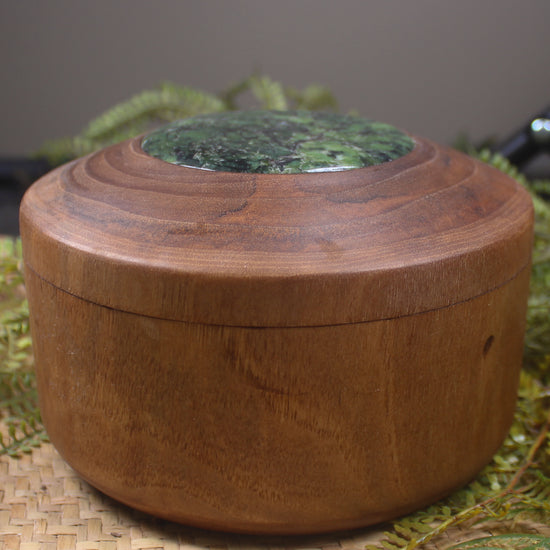 Wooden container with Douglas Creek Pounamu set into lid - NZ Greenstone