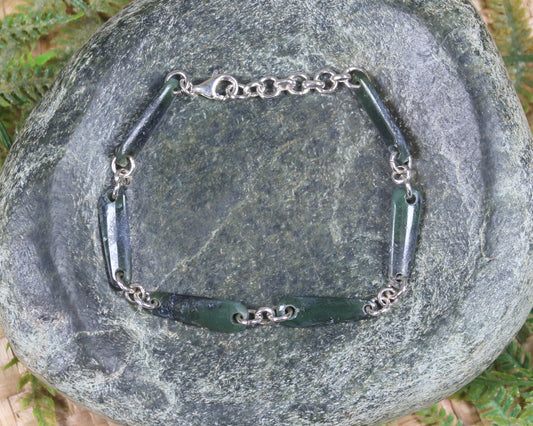 Sterling Silver set linked bracelet with Hapopo Pounamu - NZ Greenstone