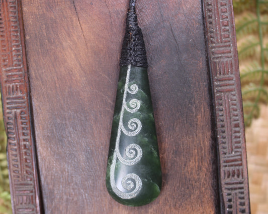 Roimata or Teardop with Koru carved from Kawakawa Pounamu - NZ Greenstone