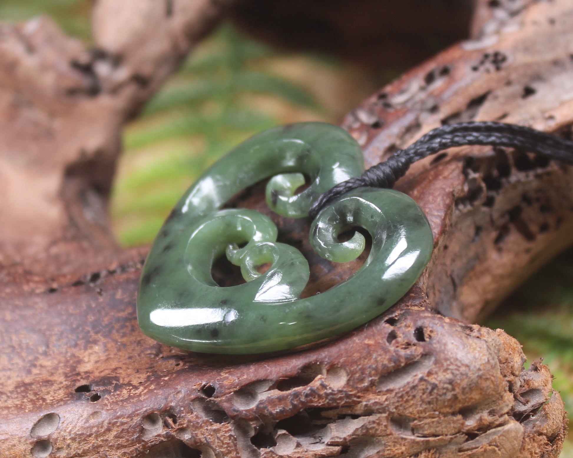 Heart with Koru carved from Hapopo Pounamu - NZ Greenstone