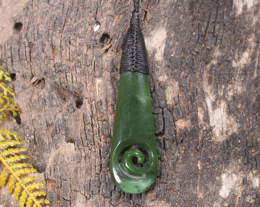 Roimata or Teardop with Koru carved from Kawakawa Pounamu - NZ Greenstone