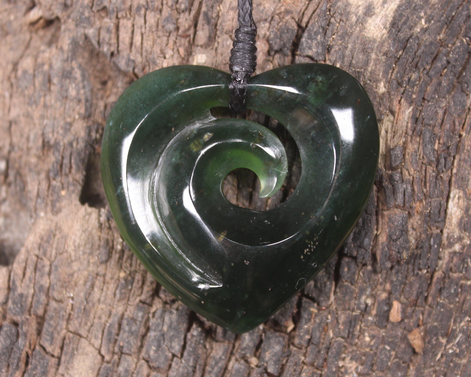 Heart with Koru carved from Tangiwai Pounamu - NZ Greenstone