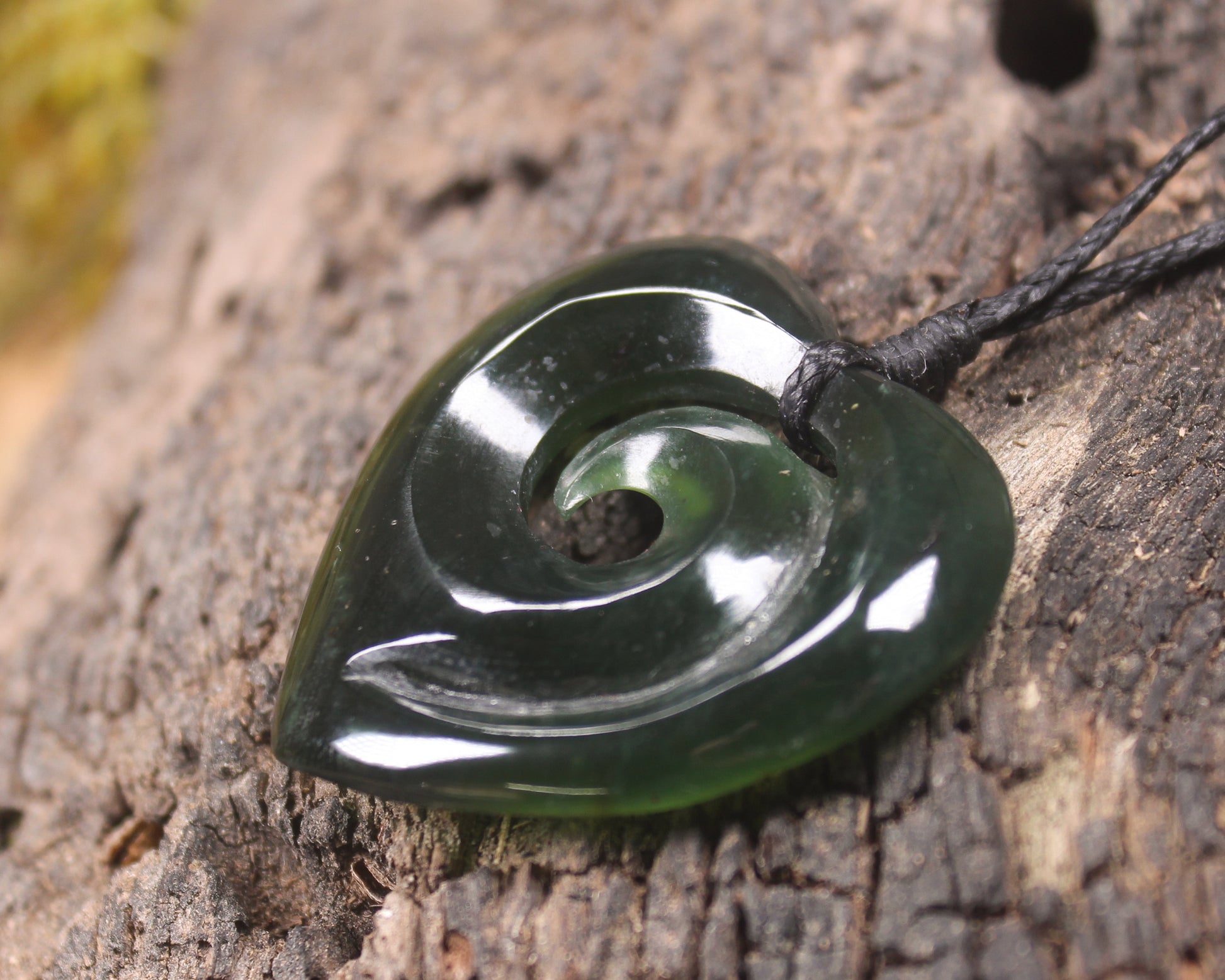 Heart with Koru carved from Tangiwai Pounamu - NZ Greenstone