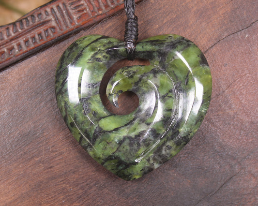 Heart with Koru carved from Douglas Creek Pounamu - NZ Greenstone