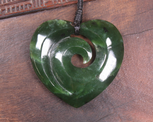 Heart with Koru carved from Kawakawa Pounamu - NZ Greenstone