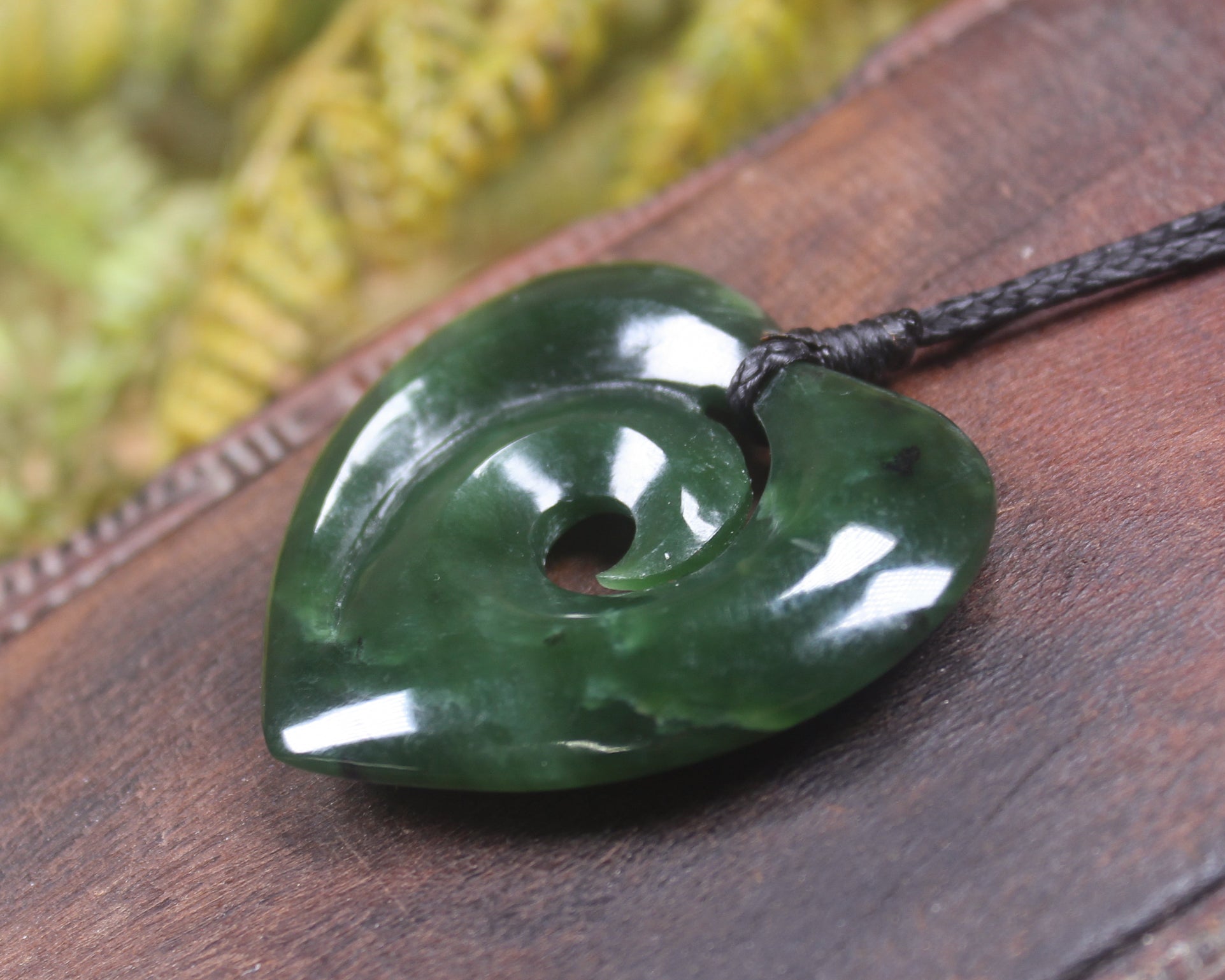 Heart with Koru carved from Kawakawa Pounamu - NZ Greenstone