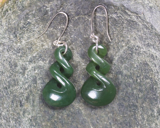 Twist Earrings carved from Kawakawa Pounamu - NZ Greenstone