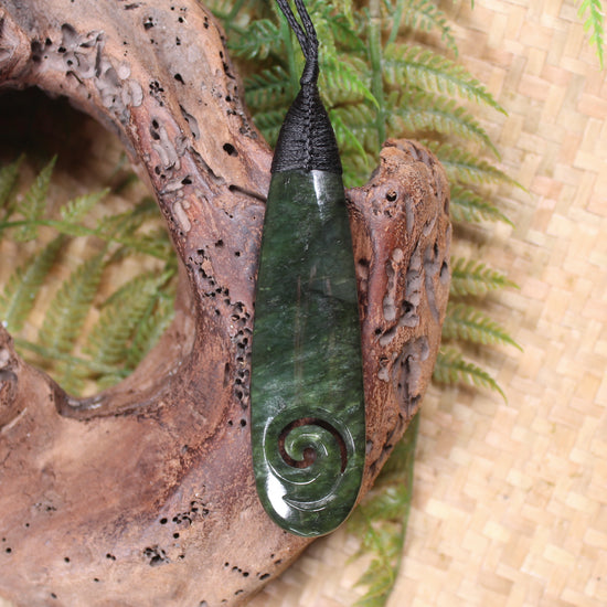 Roimata or Teardrop with Koru carved from Kawakawa Pounamu - NZ Greenstone