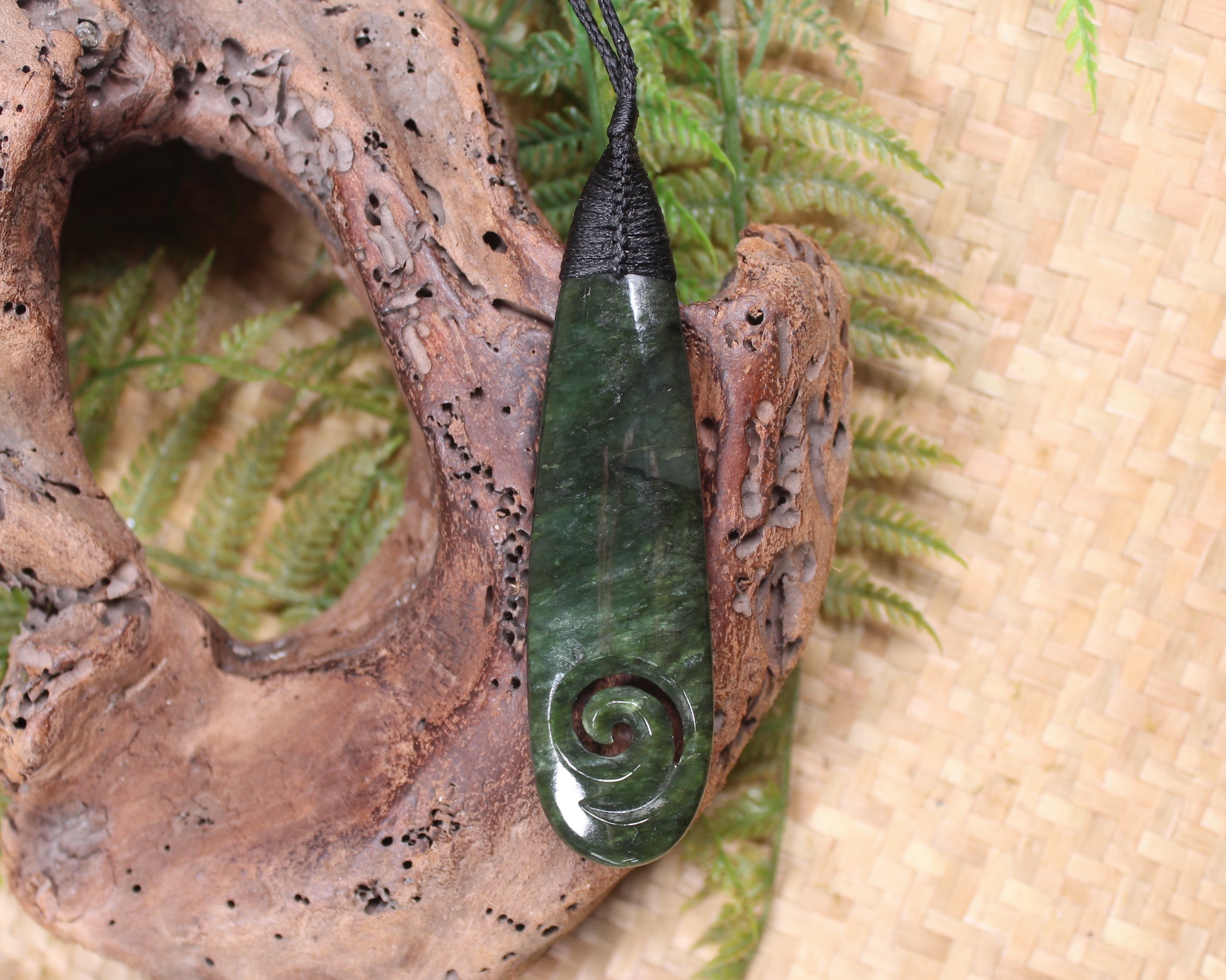 Roimata or Teardrop with Koru carved from Kawakawa Pounamu - NZ Greenstone
