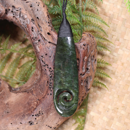 Roimata or Teardrop with Koru carved from Kawakawa Pounamu - NZ Greenstone