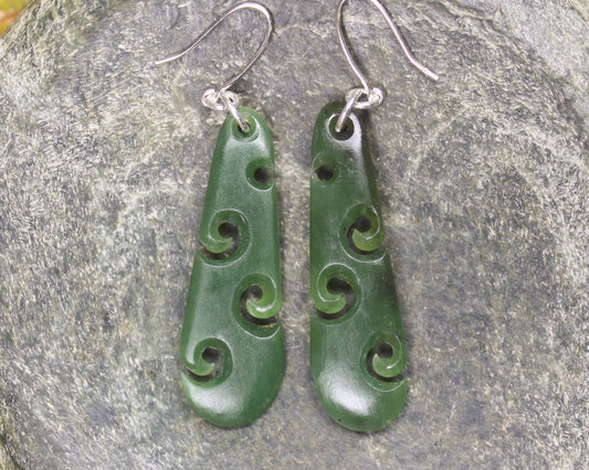 Roimata with Koru earrings carved from Hapopo Pounamu - NZ Greenstone