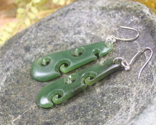Roimata with Koru earrings carved from Hapopo Pounamu - NZ Greenstone