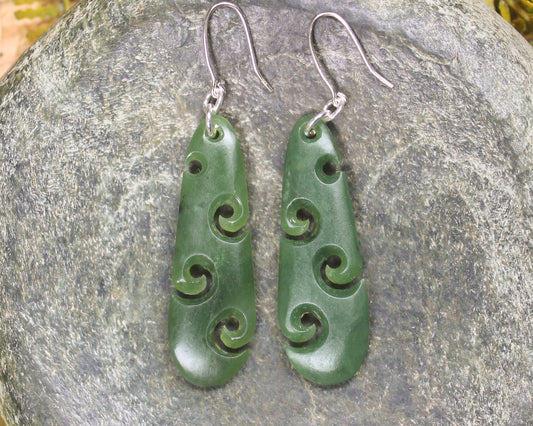 Roimata with Koru earrings carved from Hapopo Pounamu - NZ Greenstone