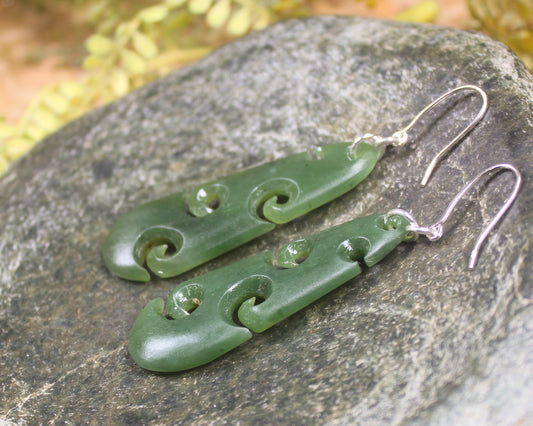 Roimata with Koru earrings carved from Hapopo Pounamu - NZ Greenstone