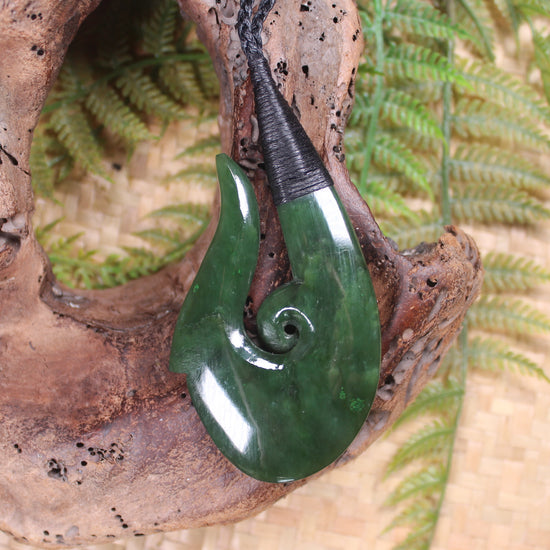Hei Matau or Fish Hook carved from Kawakawa Pounamu - NZ Greenstone