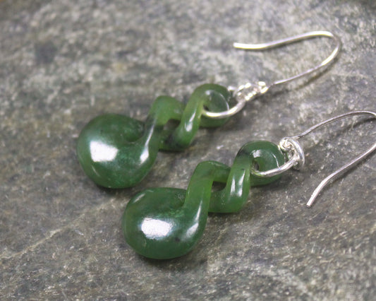 Twist Earrings carved from Kawakawa Pounamu - NZ Greenstone