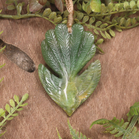 Pīwakawaka or Fantail Bird Pendant carved from Flower Jade Pounamu - NZ Greenstone