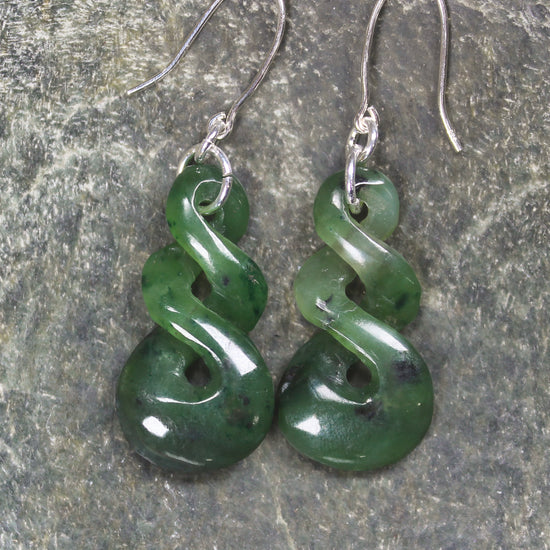 Twist Earrings carved from Kawakawa Pounamu - NZ Greenstone
