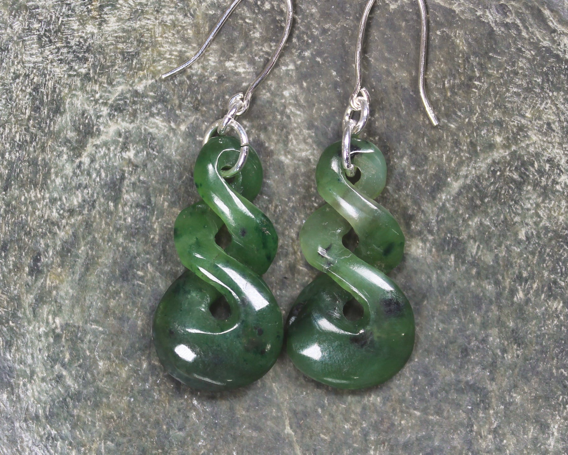 Twist Earrings carved from Kawakawa Pounamu - NZ Greenstone