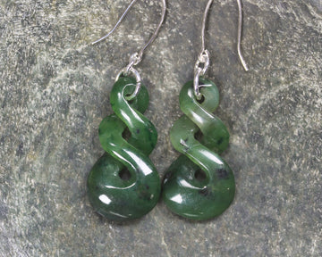 Twist Earrings carved from Kawakawa Pounamu - NZ Greenstone