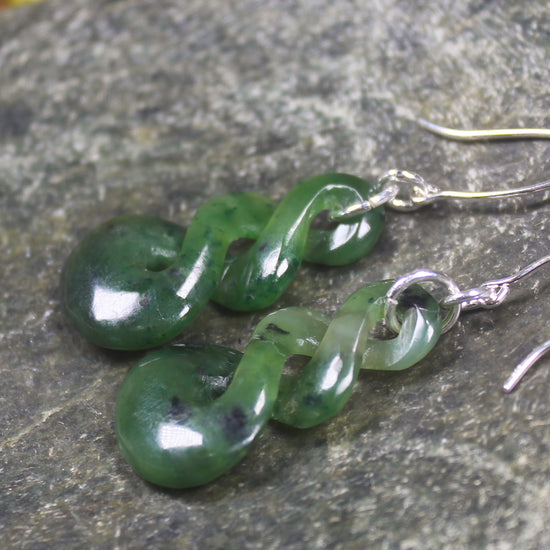 Twist Earrings carved from Kawakawa Pounamu - NZ Greenstone